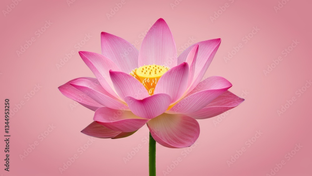 Fototapeta premium Lotus flower with pink petals and yellow center against soft pink background Represents peace, serenity, and beauty in nature