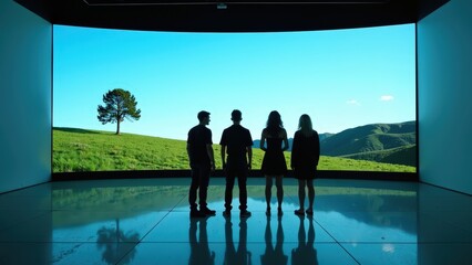 Keuken achterwand Turquoise Silhouettes of four young adults admiring a picturesque landscape displayed on a large screen in a modern setting.  © 3DLeonardo