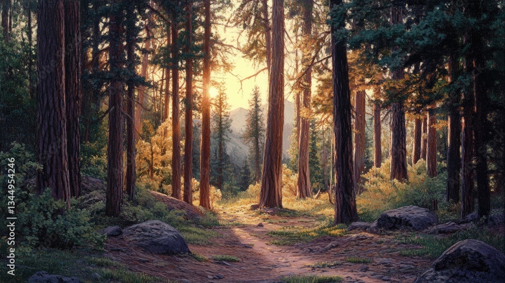 Naklejka premium Serene Forest Pathway at Dawn with Soft Sunlight Filtering through Tall Trees and Lush Greenery