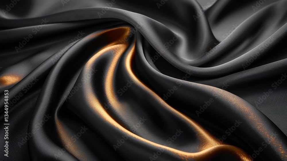 Fototapeta premium Luxurious black silk fabric soft gold highlights smooth folds and ample copy space for elegant branding