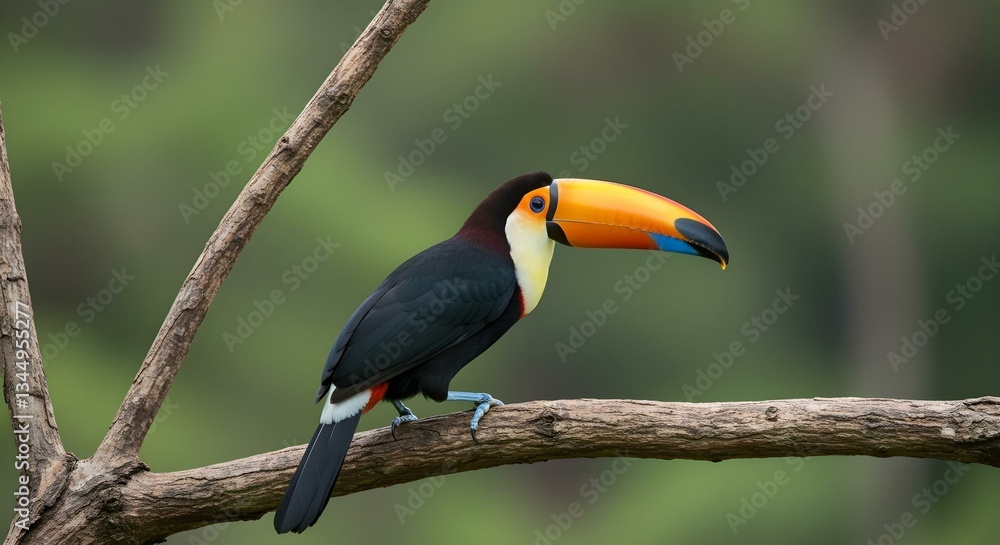 Fototapeta premium toucan on a tree branch, toucan on a branch, toucan on a tree, toucan in the forest, toucan is looking, toucan in the forest, ai generated