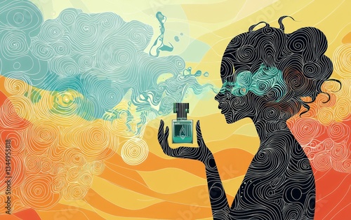 Modern ultra-HD line art a person holding a perfume bottle, with bold patterns forming mist and fragrance