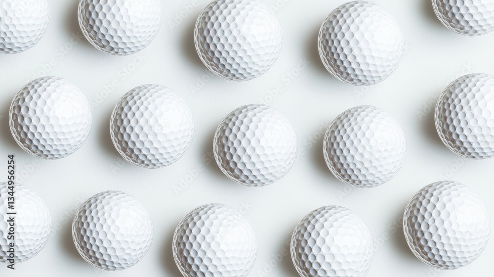 Fototapeta premium A close-up view of multiple white golf balls arranged in a grid pattern on a light background, emphasizing their textured surfaces.