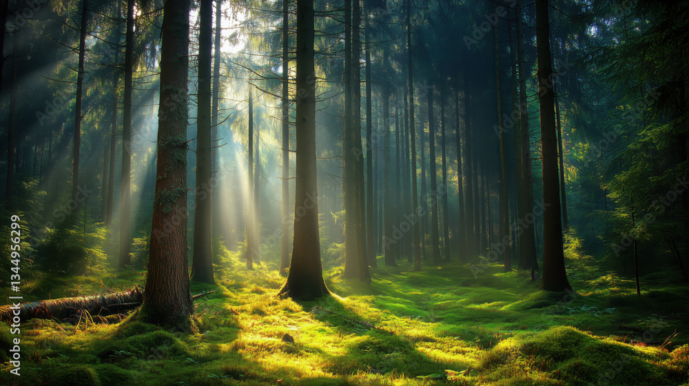 Obraz premium Dense Forest with Tall Coniferous Trees, Rough Bark-Covered Trunks, and Vibrant Green Moss on the Forest Floor, Sunlight Filtering Through the Canopy