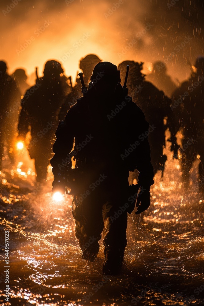 Fototapeta premium Soldiers marching through water at night with flashlights illuminating a dramatic backdrop