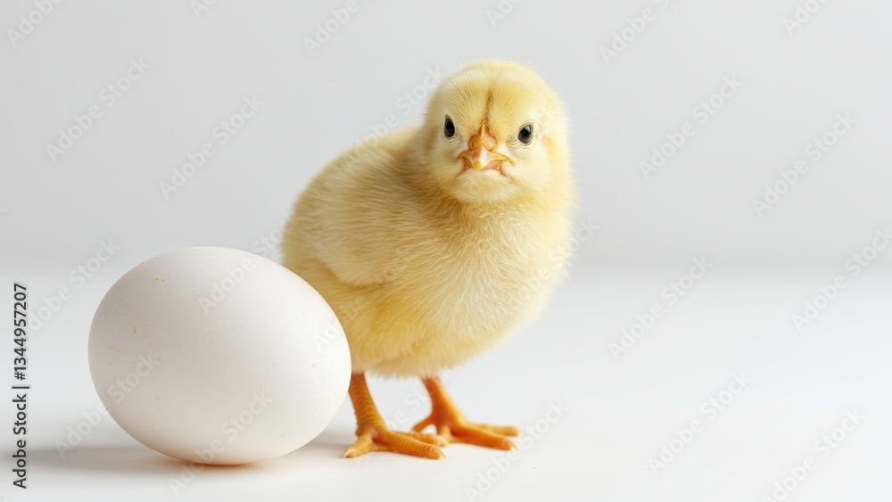 Fototapeta premium Yellow chick stands next to white egg on plain background Symbolizes new life and innocence Relevant for agriculture and sustainability themes