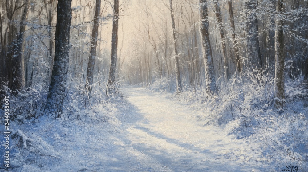 Serene Winter Landscape with Snow-Covered Pathway Through Frosty Forest Under Soft Light Serene Winter Landscape with Snow-Covered Pathway Through Frosty Forest Under Soft Light