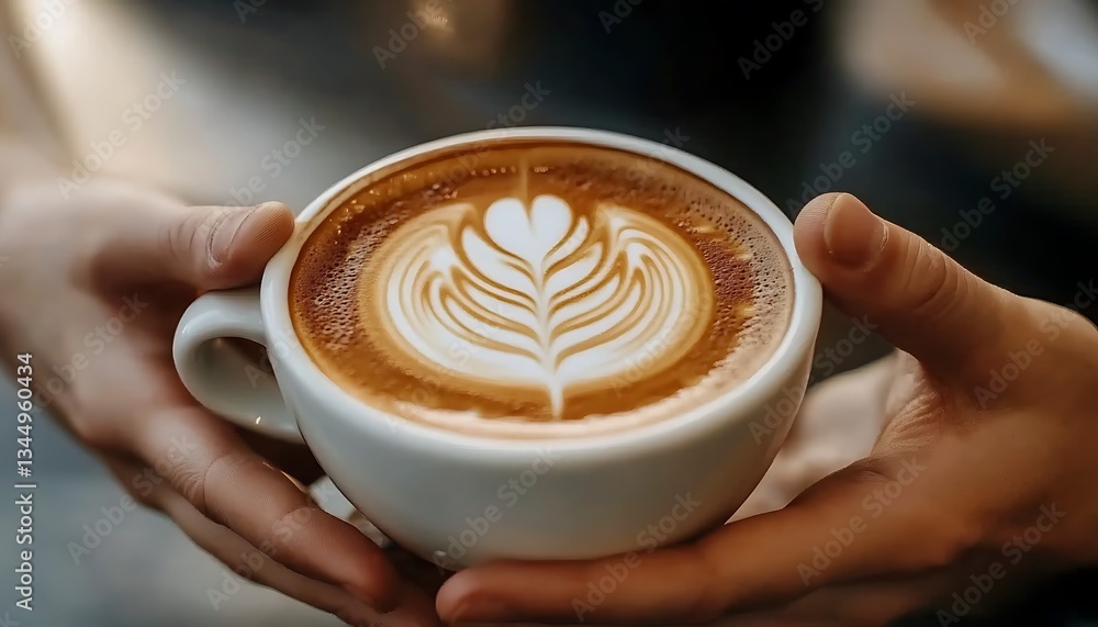 A creamy latte with beautiful art is being held gently A creamy latte with beautiful art is being held gently