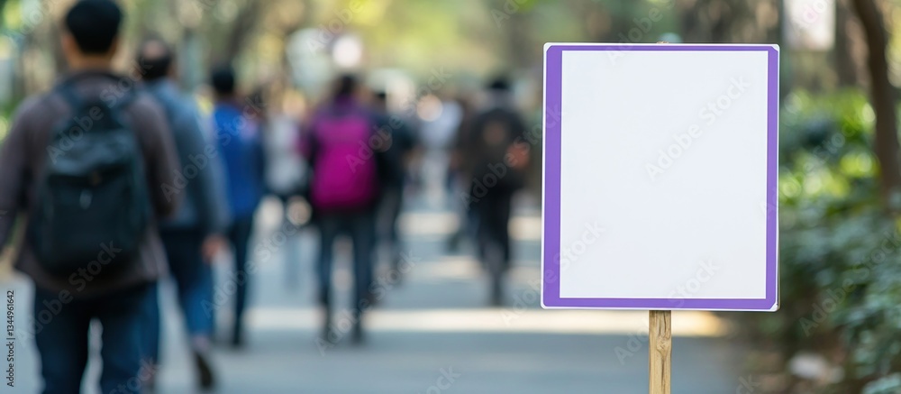 A blank sign stands in front of blurred pedestrian crowd A blank sign stands in front of blurred pedestrian crowd