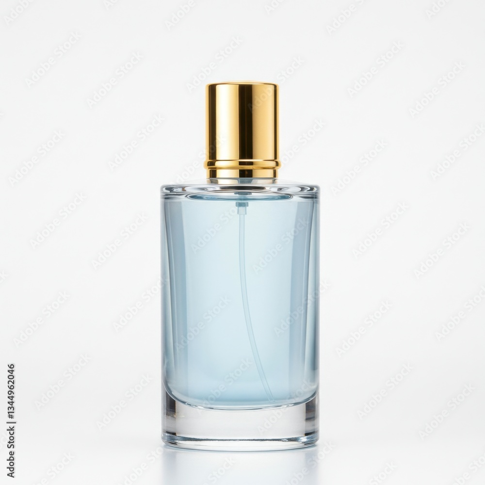 Elegant Blue Perfume Bottle with Golden Cap on White Background Elegant Blue Perfume Bottle with Golden Cap on White Background