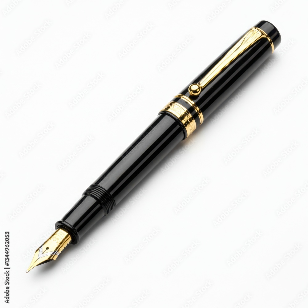 Elegant Black Fountain Pen with Gold Accents on White Background Elegant Black Fountain Pen with Gold Accents on White Background