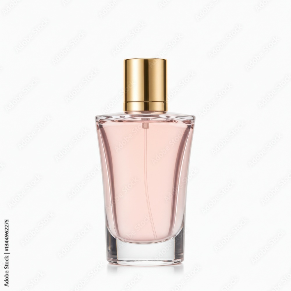 Elegant Perfume Bottle on White Background with Golden Cap Detail Elegant Perfume Bottle on White Background with Golden Cap Detail