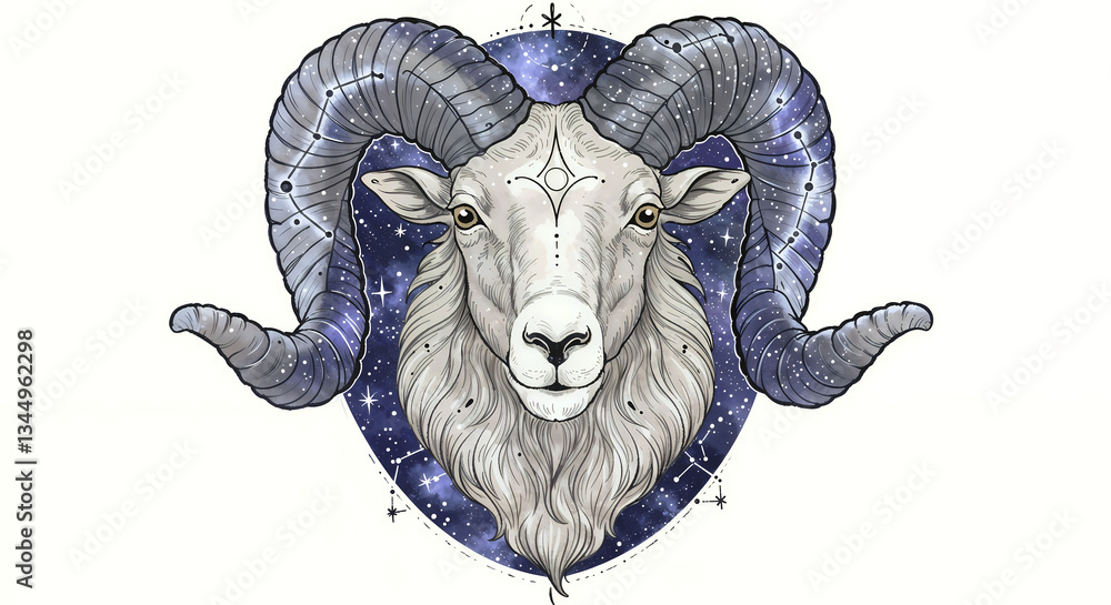 Obraz premium Mystical ram illustration with cosmic background