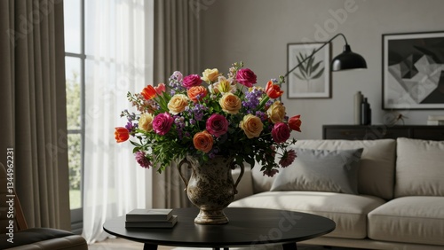 Colorful floral arrangement featuring roses and tulips on a table in a modern living room setting Bright, natural lighting creates an inviting atmosphere