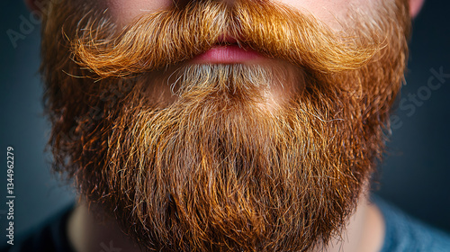 Red beard and moustache. Close-up of a well-groomed ginger beard and styled mustache against a dark background. Concept for masculinity, male grooming, facial hair styles, hipster culture, and beard c