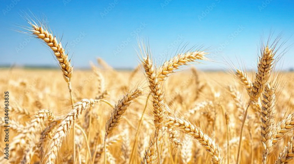 Fototapeta premium Vast Golden Wheat Field Under Clear Blue Sky in Sunny Environment