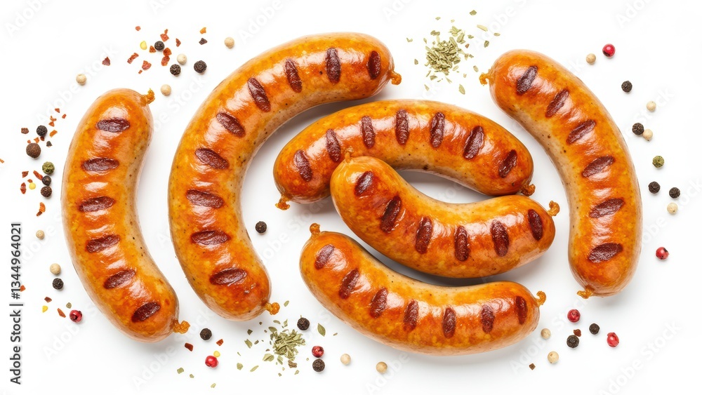 Grilled sausages arranged attractively on a white background surrounded by herbs and spices, showcasing European culinary arts Grilled sausages arranged attractively on a white background surrounded by herbs and spices, showcasing European culinary arts