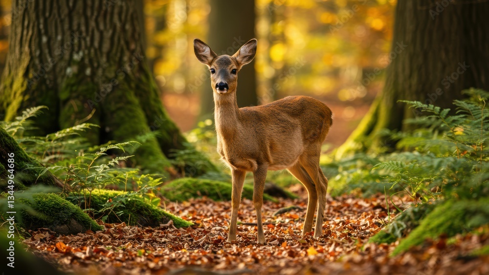 Young roe deer in vibrant autumn forest surrounded by ferns and colorful leaves showcasing nature's beauty and wildlife conservation Young roe deer in vibrant autumn forest surrounded by ferns and colorful leaves showcasing nature's beauty and wildlife conservation