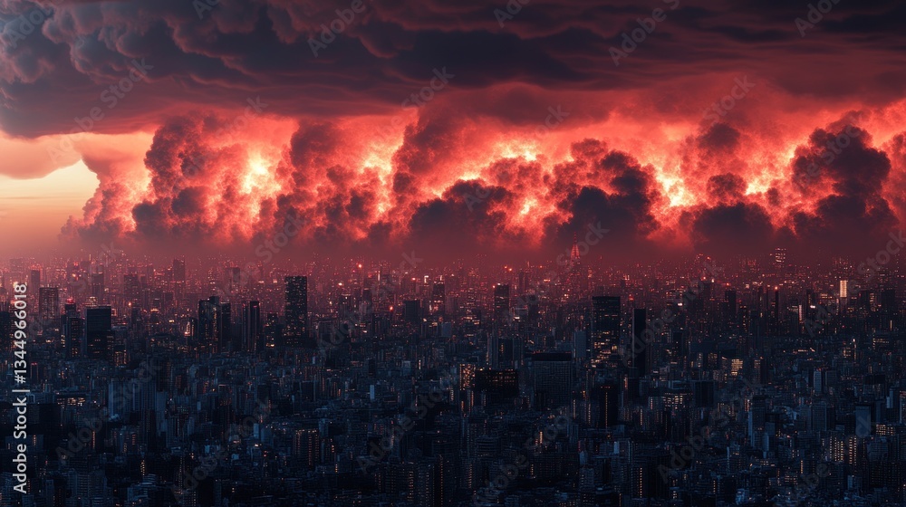 A dramatic cityscape beneath a fiery red and dark cloudscape overhead A dramatic cityscape beneath a fiery red and dark cloudscape overhead