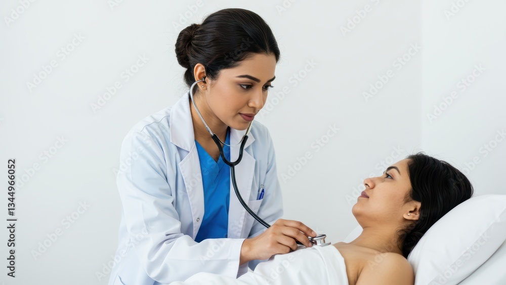 South Asian female doctor examines South Asian female patient in hospital setting using stethoscope Focus on patient care and empathy in healthcare South Asian female doctor examines South Asian female patient in hospital setting using stethoscope Focus on patient care and empathy in healthcare