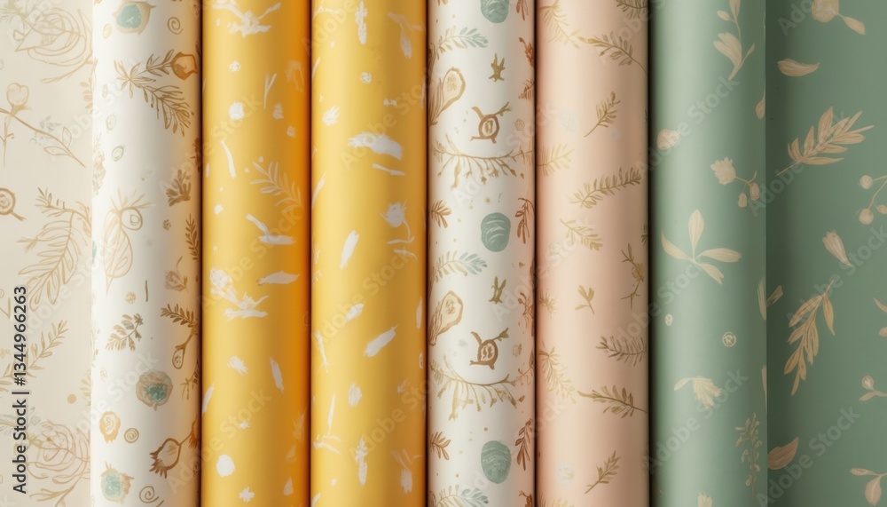 Rolls of chic wrapping paper with clean floral lines, subtle abstract patterns. Pastel color palette yellow, pink, ivory, light green. Decorative paper for gifts, holidays. Elegant design for Rolls of chic wrapping paper with clean floral lines, subtle abstract patterns. Pastel color palette yellow, pink, ivory, light green. Decorative paper for gifts, holidays. Elegant design for