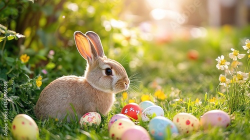 Cute Bunny Sitting Among Colorful Easter Eggs in Springtime Garden