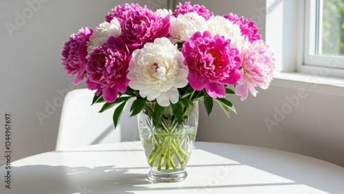 Wallpaper Mural A vibrant bouquet of pink and white peonies in a crystal vase on a table Bright sunlight enhances elegance Ideal for celebrations and home decor Torontodigital.ca