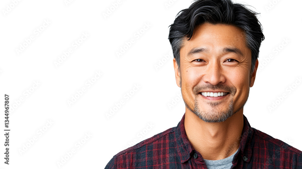 Smiling man with medium length hair wearing a checkered shirt Smiling man with medium length hair wearing a checkered shirt