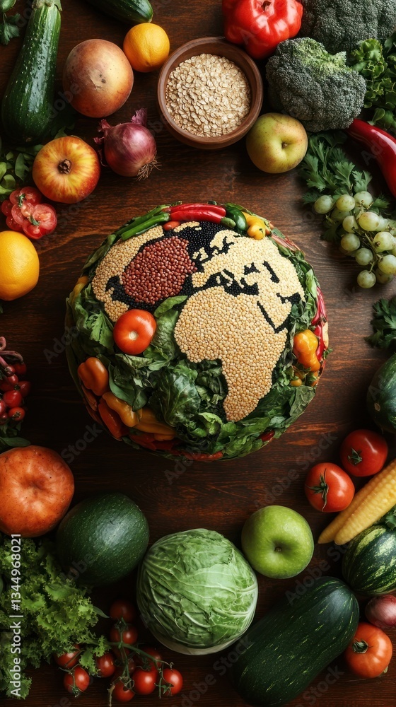 Globe Shaped Artwork Composed of Various Fruits and Vegetables Globe Shaped Artwork Composed of Various Fruits and Vegetables