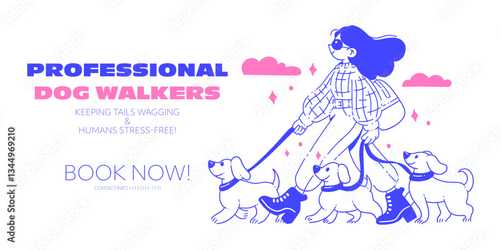 Fototapeta premium Dog Walking Service Banner. Happy Woman Walking a Dog, Modern Flat Illustration.