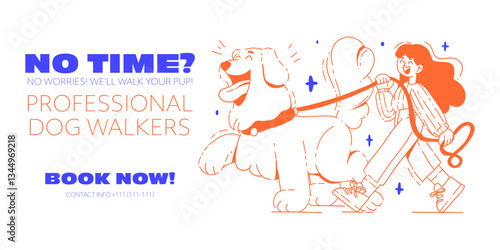 Dog Walking Service Banner. Happy Woman Walking a Dog, Modern Flat Illustration.