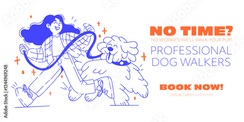 Dog Walking Service Banner. Happy Woman Walking a Dog, Modern Flat Illustration.