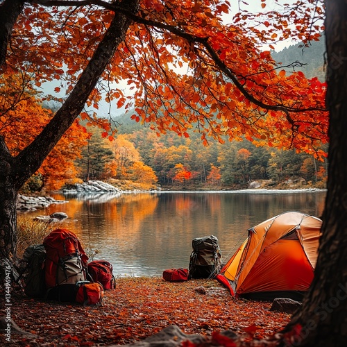 Wallpaper Mural A vibrant fall campsite surrounded by orange and red leaves with a breathtaking perspective. Torontodigital.ca