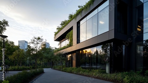 Modern Black Glass Building With Green Roof at Sunset