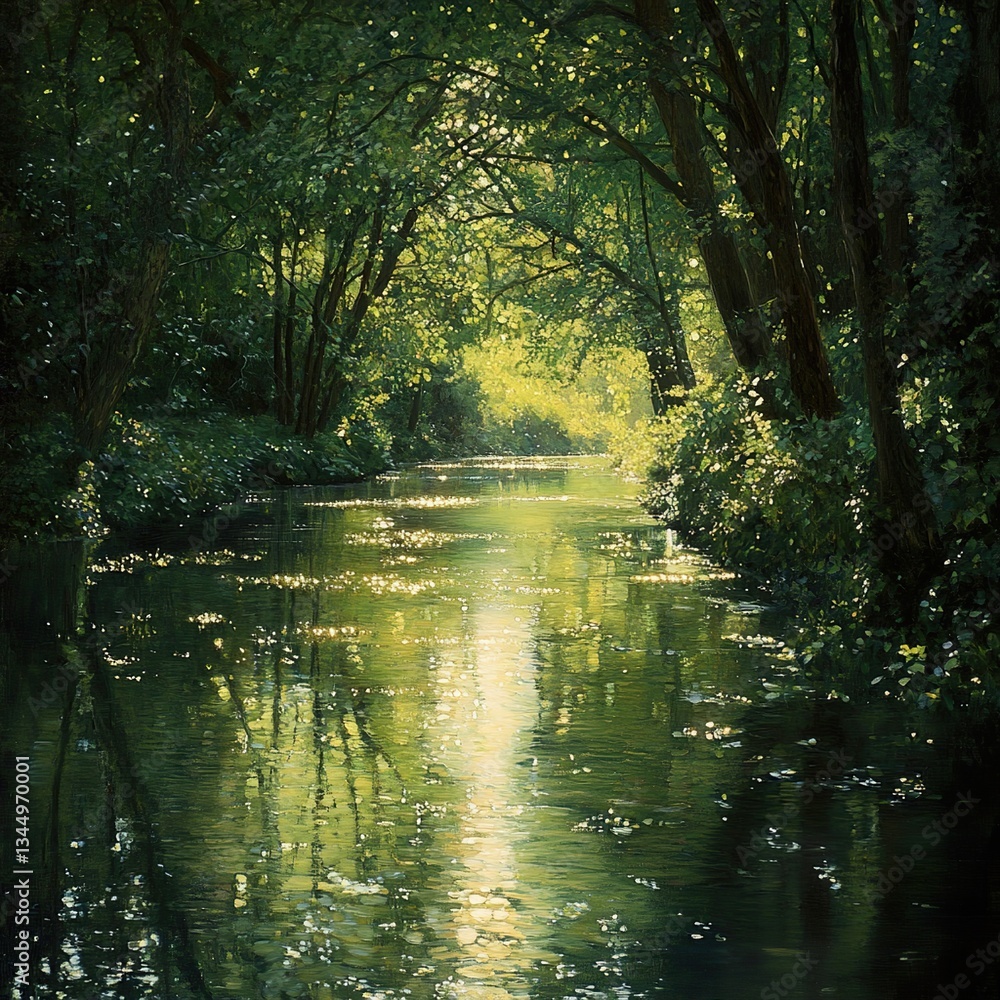 Obraz premium A tranquil river winding through a dense forest, sunlight filtering through vibrant green leaves, reflections shimmering on the watera??s surface.