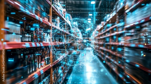 Automated warehouse with advanced inventory management system.  Sophisticated technology streamlines product flow and enhances efficiency, digitally connecting shelves to inventory tracking