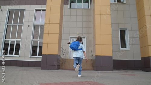 Wallpaper Mural happy girl child kid runs school backpack school, children run, girl student first grader, school education, happy cheerful girl child kid runs school backpack, first-grader education complex, legs Torontodigital.ca
