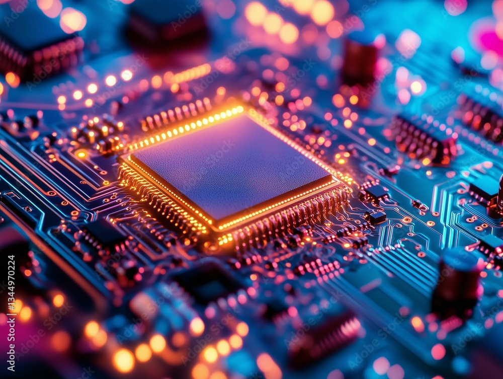 Fototapeta premium A detailed close-up shows a microprocessor on a circuit board. The vibrant lights highlight the intricate pathways and components, creating a dynamic tech visual.