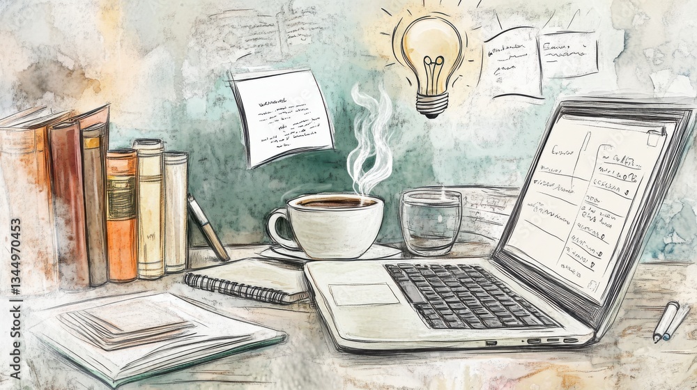 Obraz premium Detailed hand-drawn ink and wash scene of a workspace with a laptop, steaming coffee, open notebooks, and floating knowledge symbols such as light bulbs and books