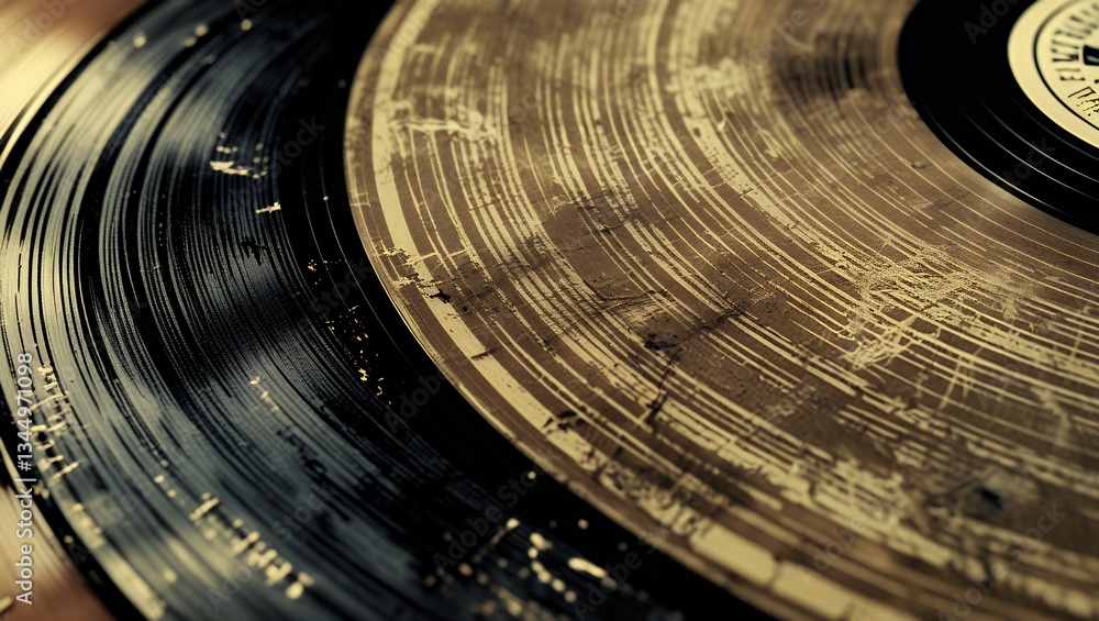 Obraz premium Stack of dusty vinyl records close up, showcasing texture and worn condition