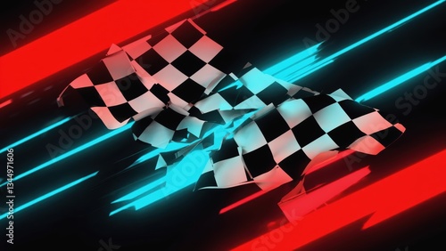 Dynamic checkered flags with neon streaks, representing racing excitement.