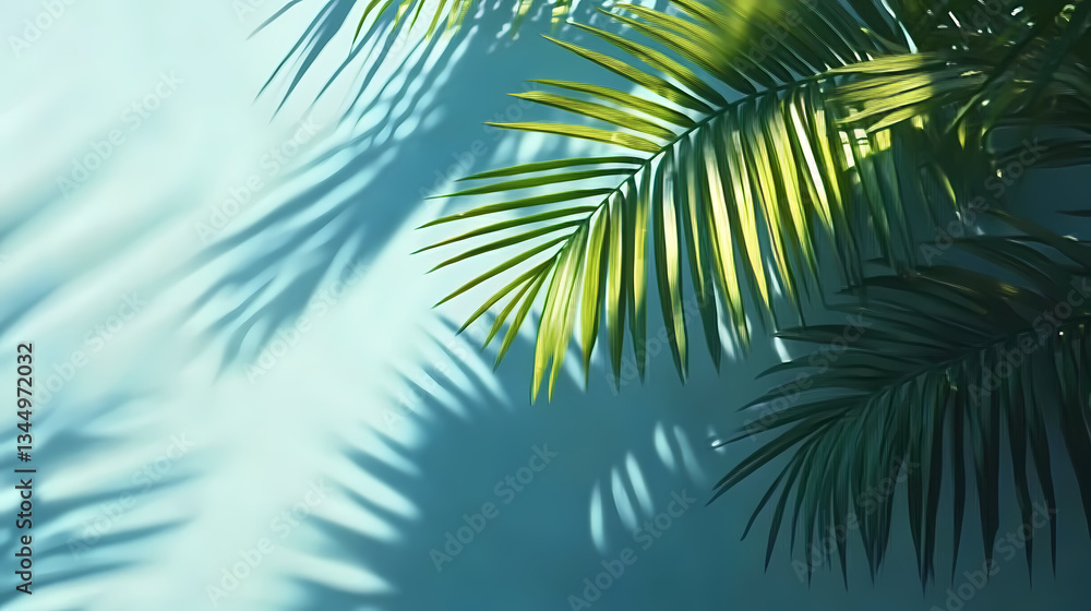 Palm Tree Leaves with Sunlight Projection on Light Blue Wall