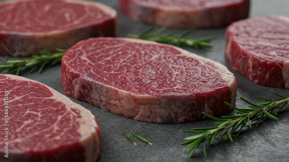 Fresh ribeye steaks and rosemary sprigs lie on a kitchen counter Ideal for gourmet cooking, grilling, and culinary arts Fresh ribeye steaks and rosemary sprigs lie on a kitchen counter Ideal for gourmet cooking, grilling, and culinary arts