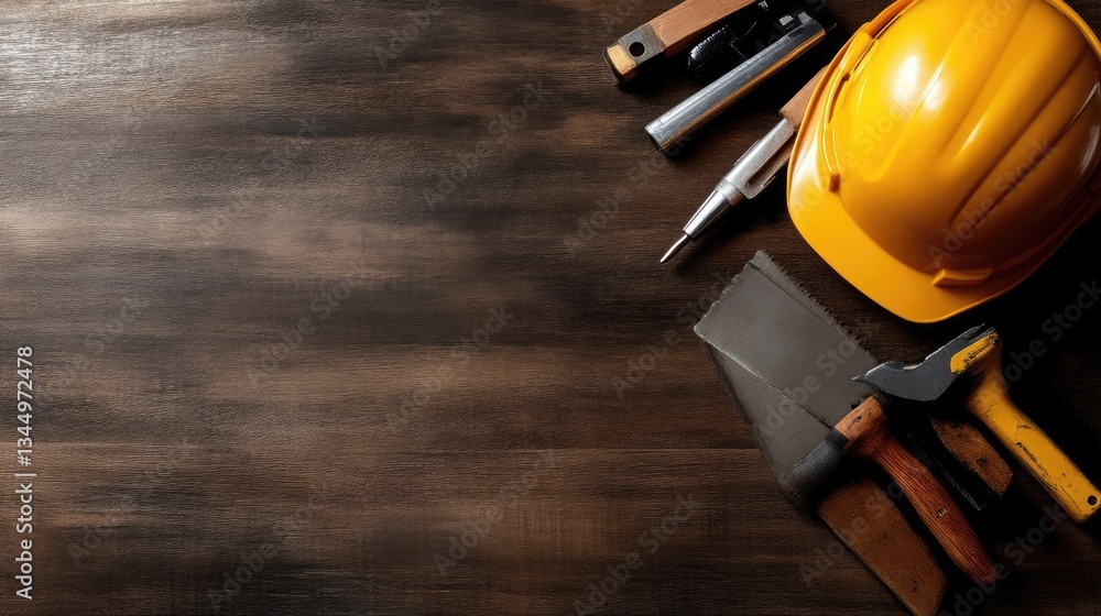 Construction tools on wooden surface Construction tools on wooden surface