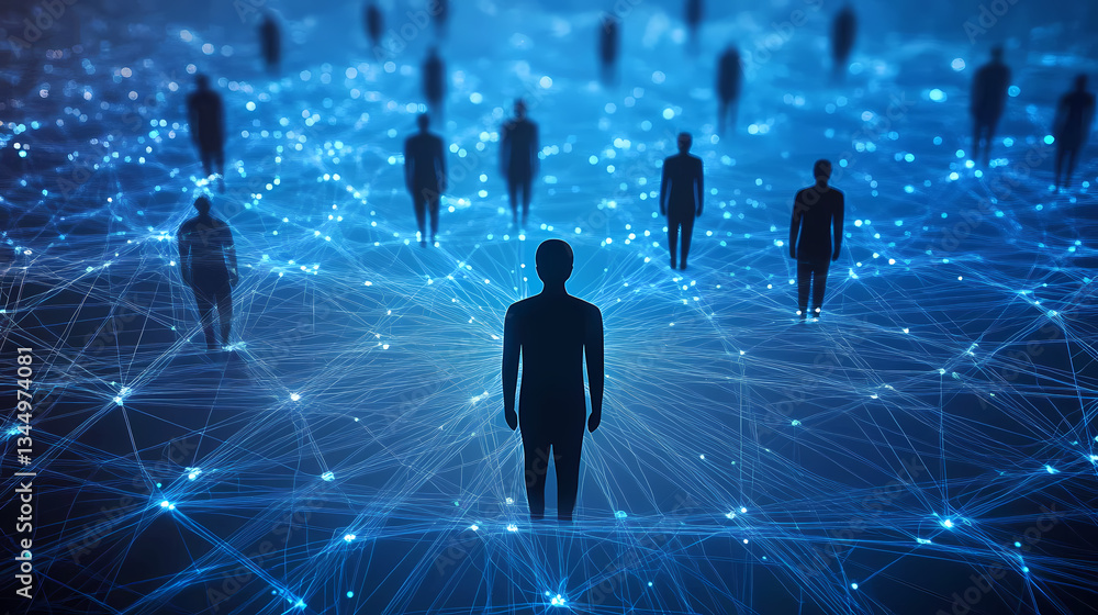 Blue Silhouette of Human Figure in Digital Network Structure