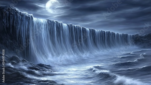 Nightfall waterfall ocean cliff fantasy backdrop
