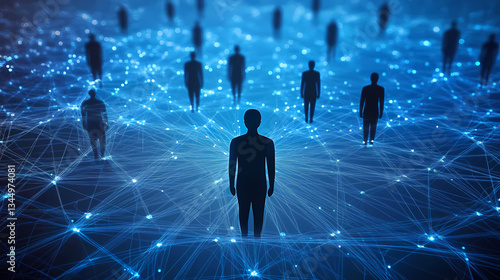 Obraz na płótnie Blue Silhouette of Human Figure in Digital Network Structure w salonie
