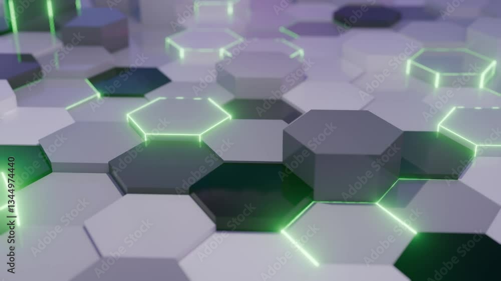 A smooth and stylish metallic hexagonal surface with glowing green edges. The tiles subtly shift, creating a dynamic movement with soft reflections. A futuristic yet elegant minimalistic design A smooth and stylish metallic hexagonal surface with glowing green edges. The tiles subtly shift, creating a dynamic movement with soft reflections. A futuristic yet elegant minimalistic design