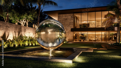Wallpaper Mural Modern luxury home exterior at night with a reflective sphere fountain. Torontodigital.ca