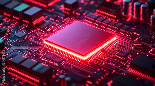 Close-up of Red Microelectronic Circuit Board with Glowing Chip